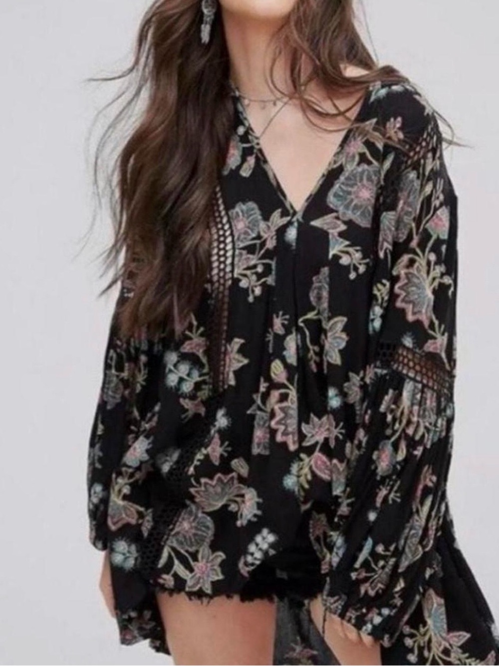 Free people oversized Boho Floral V-Neck Black Peasant Top Sz S